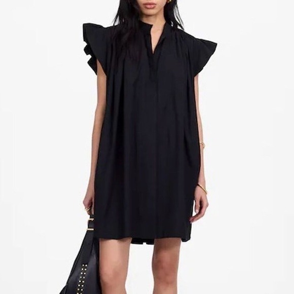 Nwt Madewell Women's Flutter Sleeve Button-Front Mini Dress Poplin Black Size Xs
